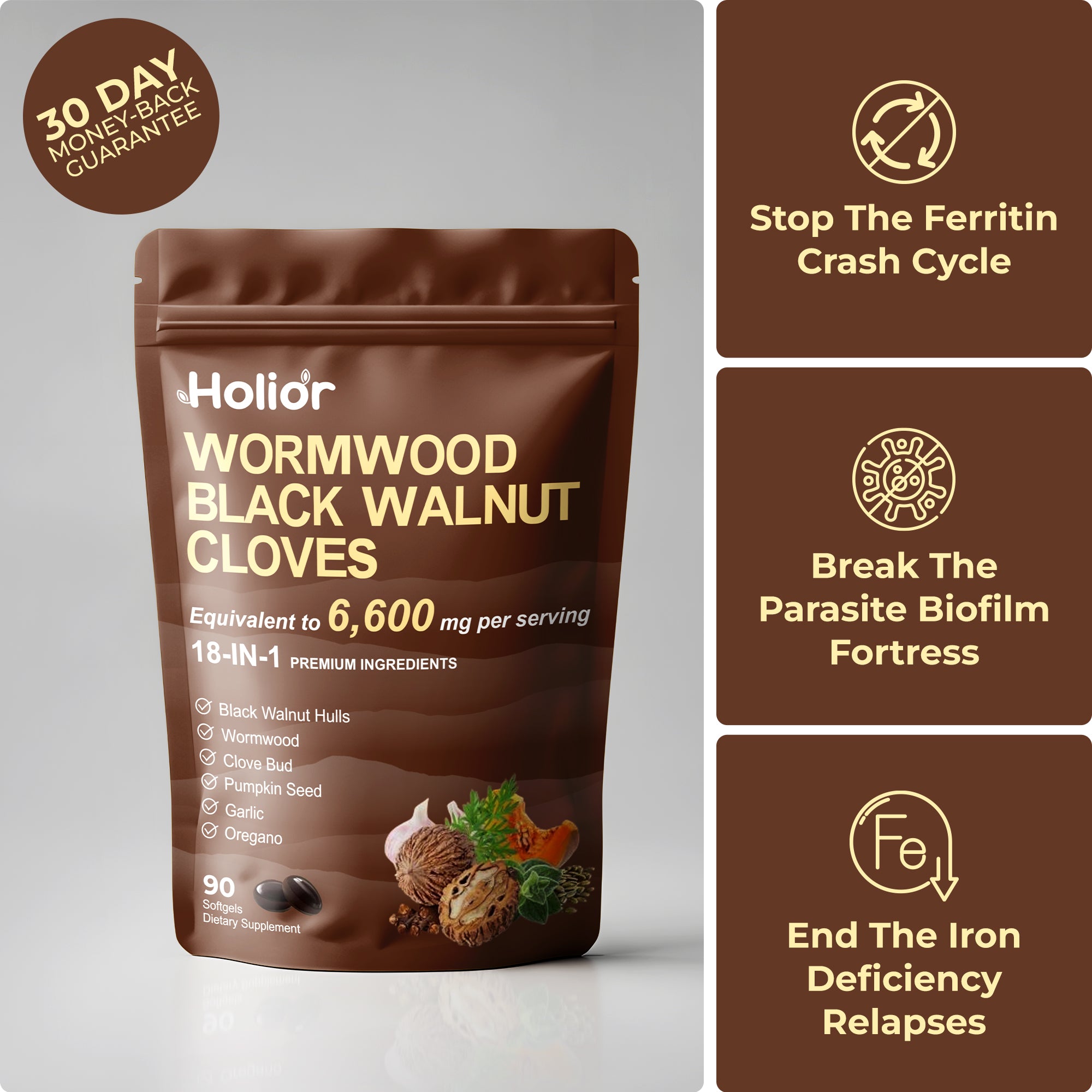 Wormwood Black Walnut Pumpkin Seed & Clove Softgels | Iron Deficiency
